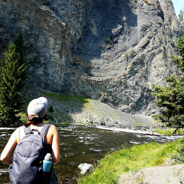 Student observing interesting geological formations during GEOL390 field school on Quadra Island